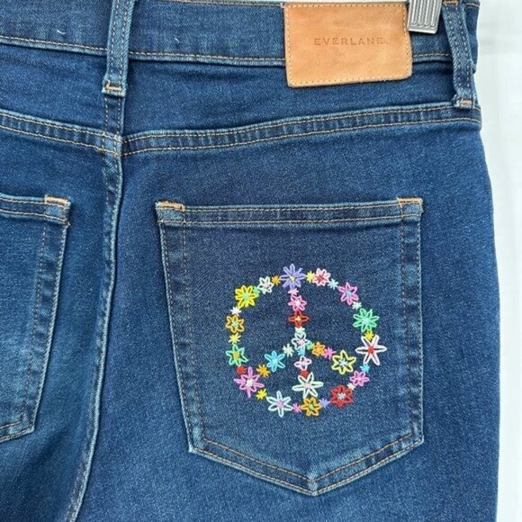 Everlane Mid Rise Blue Skinny Coastal Peace Embroidered Frayed Hem 28T Jeans - Picture 1 of 8